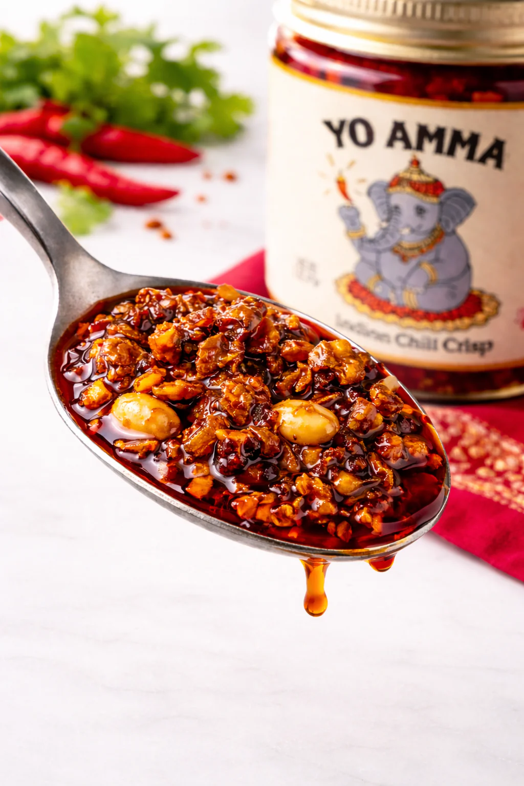 A spoonful of YoAmma Indian Chili Crisp loaded with peanuts and chili